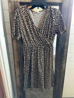 Leopard Print Wrap Style Dress | Short Sleeve western style Midi S Cottagecore